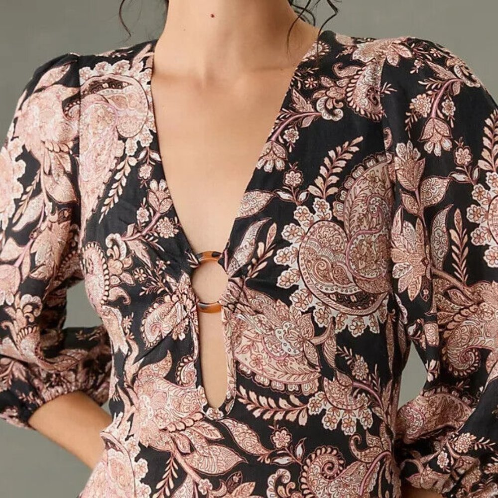 Anthropologie KIVARI V-Neck Puff-SLEEVE Dress 10 Linen Paisley Feminine Desert